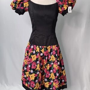 Victor Costa Black Dress with Vibrant Floral Puff Sleeves